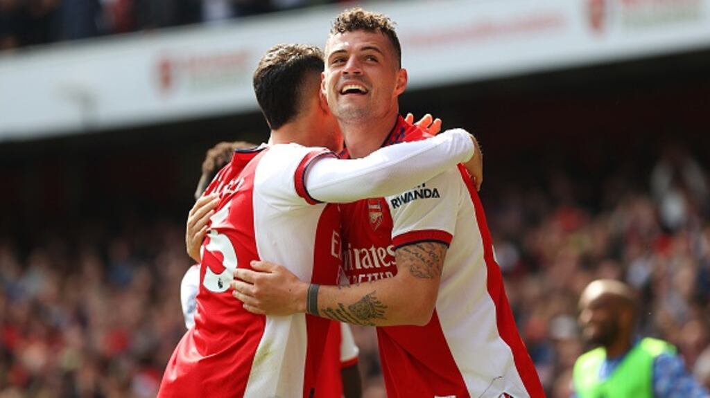 Granit Xhaka celebrates scoring Arsena;’s third goal. Photograph:  Catherine Ivill/Getty Images