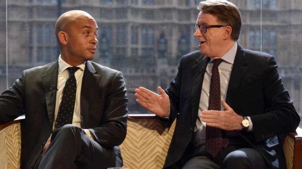 Shadow business secretary Chuka Umunna and Peter Mandelson on The Andrew Marr Show. “The awful, shocking thing about this election is Labour could have won it,” Mandelson said. Photograph: Jeff Overs/BBC via Getty Images