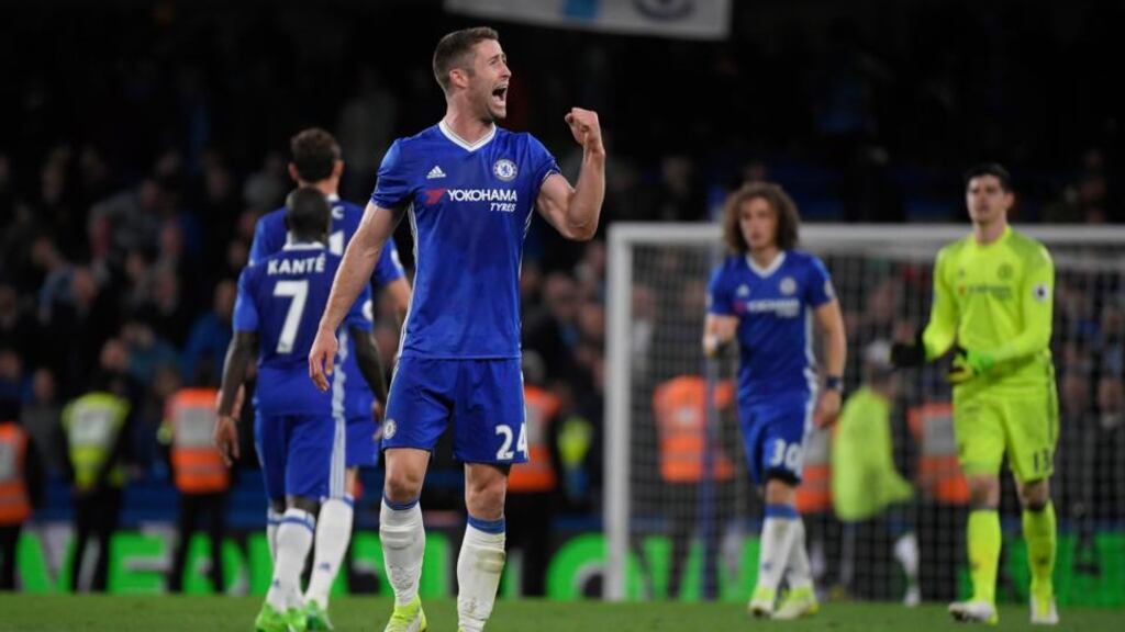 Gary Cahill celebrates Chelsea’s key win over Manchester City. Photograph: Toby Melville/Reuters