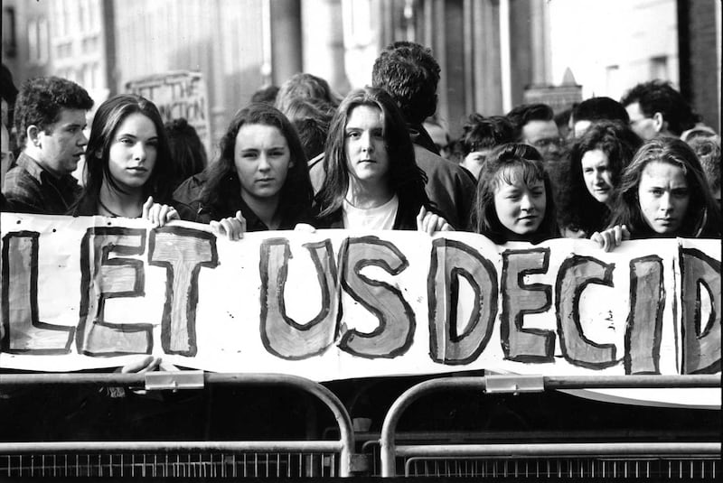 1992: Schoolchildren outside Leinster House; schools delivered sex education on their own initiative. Photograph: Eric Luke/The Irish Times