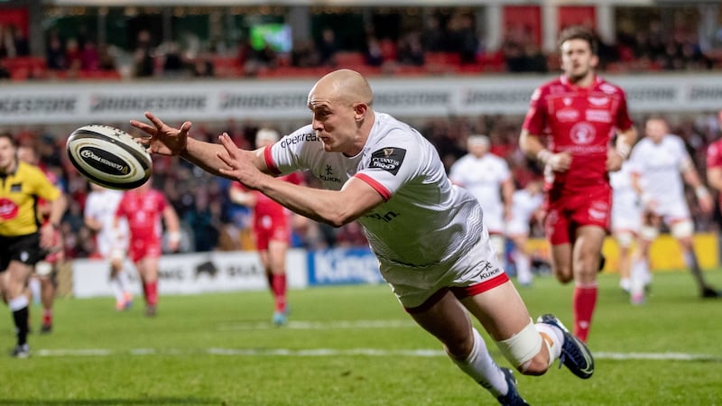 Ulster’s Matt Faddes scores a try during the Guinness Pro 14 game against Sacrlets at the Kingspan Stadium in Belfast. Photograph: Morgan Treacy/Inpho