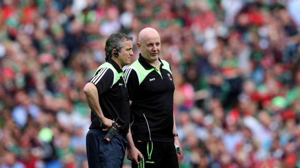 Mayo co-managers Noel Connelly and Pat Holmes during the All-Ireland SFC semi-final at Croke Park. Photograph: Ryan Byrne/Inpho