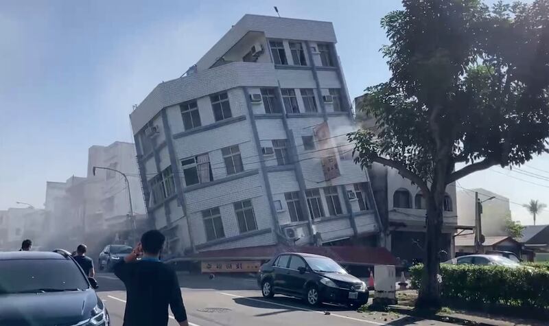 Video footage of a partially collapsed building in Hualien following Wednesday's earthquake. Photograph: TVBS/AP