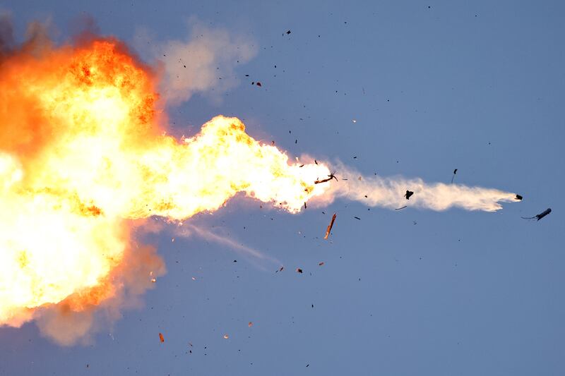 A Hizbullah unmanned aerial vehicle crossing from Lebanon is intercepted by an Israeli fighter jet. Photograph: Atef Safadi/EPA-EFE