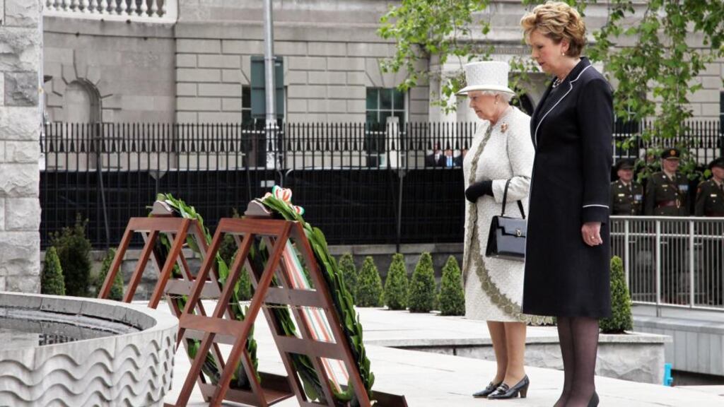‘We have done our reconciling. Queen Elizabeth II’s presence at the Garden of Remembrance four years ago was a powerful symbol and a tacit acknowledgement by the British sovereign that perhaps those Irishmen and women who refused to accept the inevitability of British rule in Ireland had a point.’ Above, Queen Elizabeth with then president Mary McAlleese in the Garden of Remembrance. Photograph: Maxwell’s Dublin
