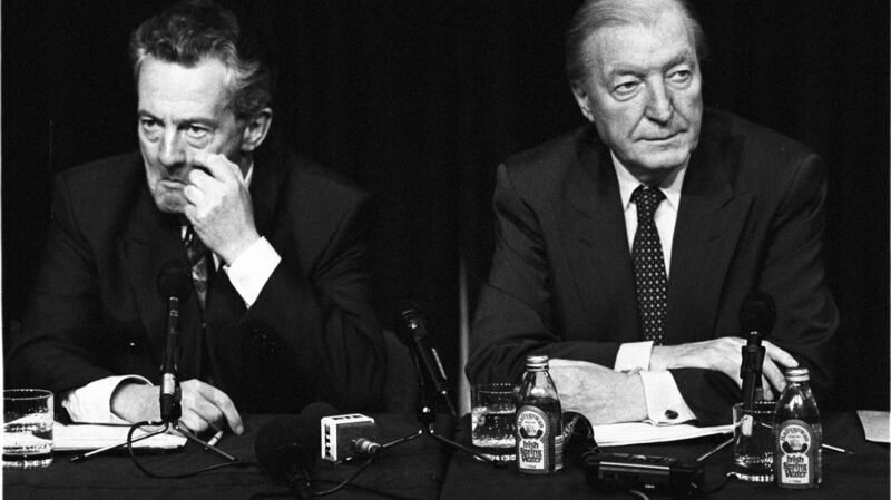 Desmond O’Malley with life-long political adversary Charles Haughey at  the launch of the Fianna Fáil / Progressive Democrat programme in 1991. Photograph: Peter Thursfield
