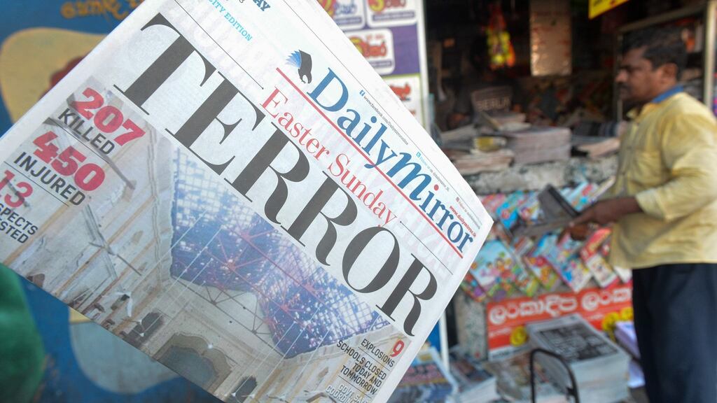 The front page of a Sri Lankan newspaper, showing coverage of the Easter Sunday blasts. Photograph: by Ishara S. Kodikara / AFP