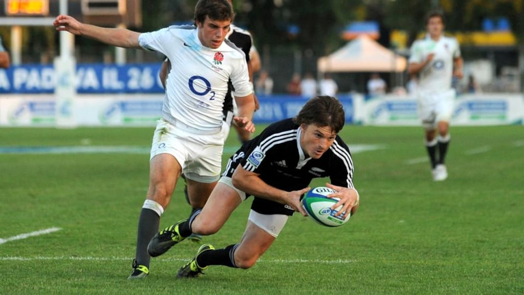 Beauden Barrett of New Zealand scores a try during the IRB Junior World Championship final against England in 2011. Barrett is one of nine from that team on the senior All Blacks squad. Photograph: Valerio Pennicino/Getty Images