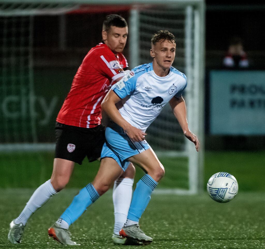 Derry City's Patrick McEleney challenges Shelbourne's Brian McManus during the SSE Airtricity League Premier Division game at the Ryan McBride Brandywell Stadium. Photograph: Evan Logan /Inpho