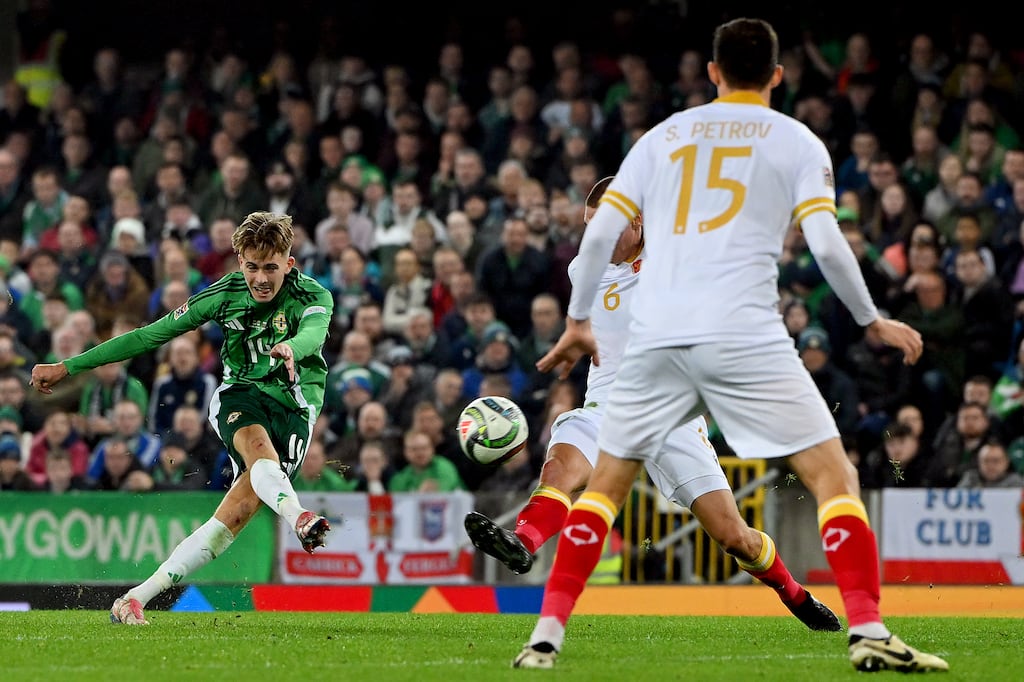 Isaac Price completes his hat-trick in Northern Ireland's 5-0 win over Bulgaria at Windsor Park. Photograph: Charles McQuillan/Getty Images