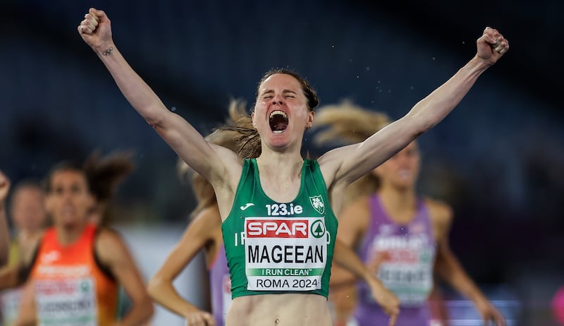 Ciara Mageean celebrates winning the women’s 1500m final last month in the 2024 European Athletics Championships, Stadio Olympico, Rome.
Photograph: Morgan Treacy/Inpho