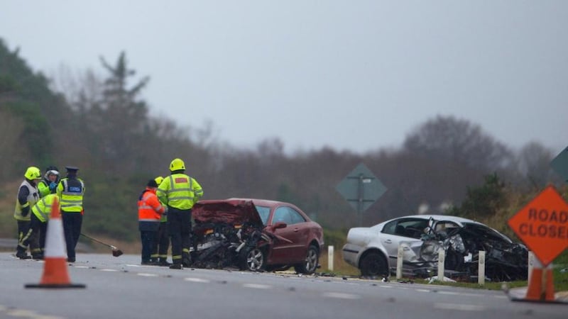 The scene of the major car crash in which two men, Gearóid Scully and Terence Beagan, lost their lives at Mount Falcon, Ballina, Co Mayo. Photograph: Keith Heneghan/Phocus.