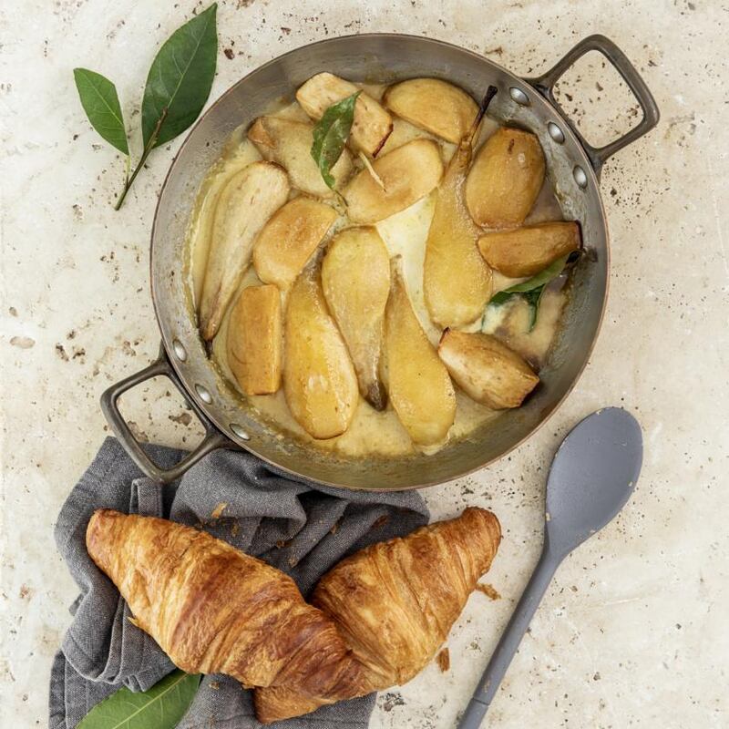 Apples and pears with brown sugar, cream and hot croissants. Photograph: Harry Weir