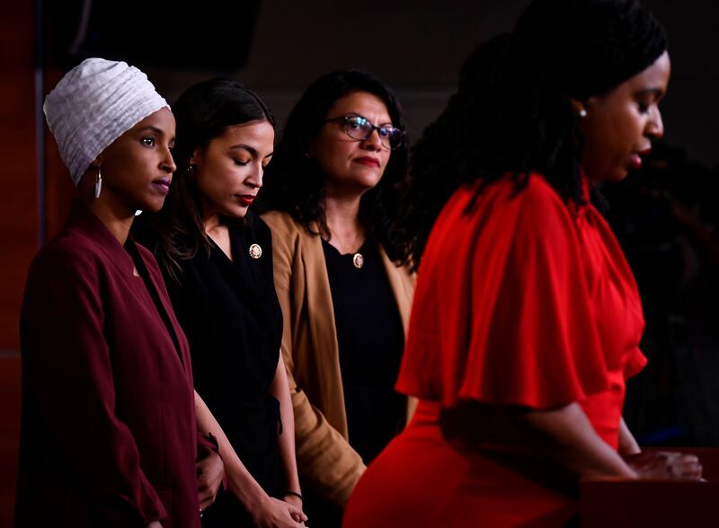 Ayanna Pressley speaks as Ilhan Omar (left), Rashida Tlaib (second right) and Alexandria Ocasio-Cortez hold a press conference in July 2019 to address remarks made by the then president, Donald Trump. Photograph: Brendan Smialowski/AFP via Getty Images
