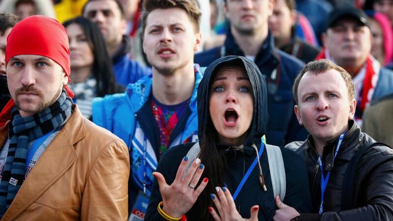 Russian fans in the Olympic Park watch a broadcast of the quarter-final against Finland. Photograph: Shamil Zhumatov/Reuters
