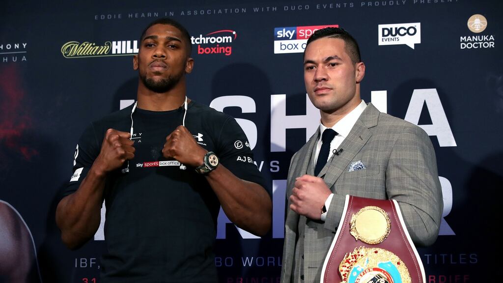 Anthony Joshua (left) and Joseph Parker during a press conference at Sky Sports Studios, Isleworth. Photo: Nick Potts/PA Wire