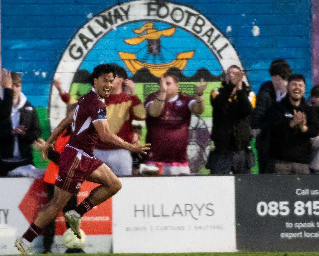 Galway United’s Moses Dyer celebrates scoring a goal against Drogheda United during the SSE Airtricity League Premier Division match at Eamonn Deacy Park. Photograph: Evan Logan/Inpho