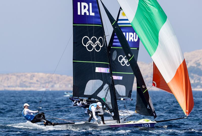 Ireland’s Robert Dickson and Sean Waddilove in action during the men's Skiff medal race in Marseilles. Photograph: David Brannigan/Oceansport/Inpho