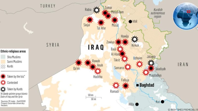 Graphic showing the extent of locations seized by Islamic State in Iraq in recent months. Graphic: Irish Times Premedia/Reuters