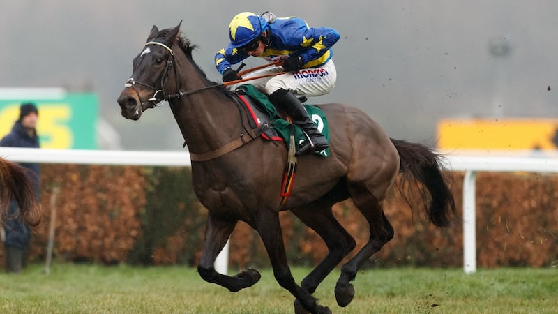Dynamite Dollars ridden by Harry Cobden on the way to winning The randoxhealth.com Henry VIII Novices’ Chase. Photo: John Walton/PA Wire