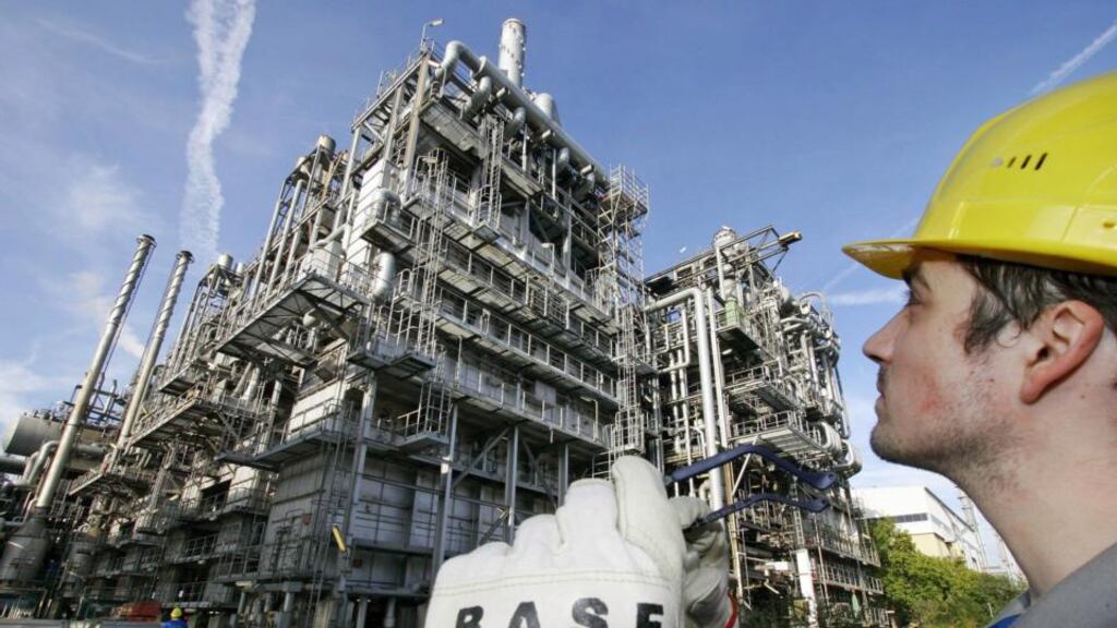 A member of staff of chemical group BASF standing in front of the plant installation ‘Steamcracker II’ in Ludwigshafen, Germany. Photograph: Ronald Wittek/EPA.
