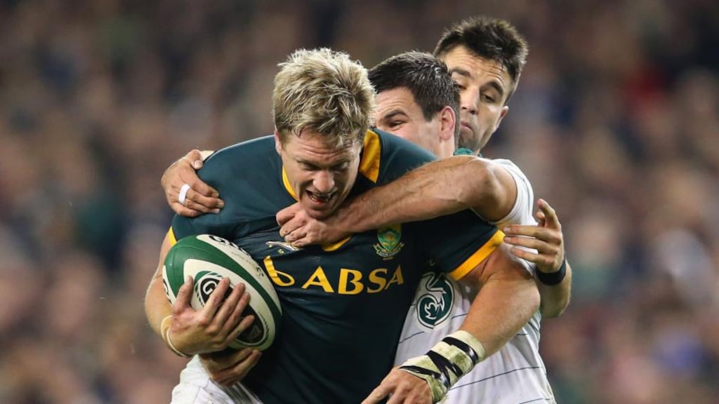 Jonathan Sexton and Conor Murray tackle Jean de Villiers at the Aviva on Saturday. So formidable was the visitors’ reputation that it seemed beating them was even beyond St Jude. Photograph: Cathal Noonan/Inpho