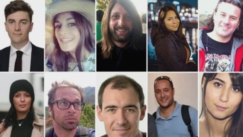 Some of the reported victims. Top row (left-right) followed by bottom row (left-right): Valentin Ribet; Caroline Prénat; Nick Alexander; Nohemi Gonzalez; Guillaume B. Decherf; Djamila Houd; Mathieu Hoche; Alberto González Garrido; Kheireddine Sahbi; Elif Dogan.