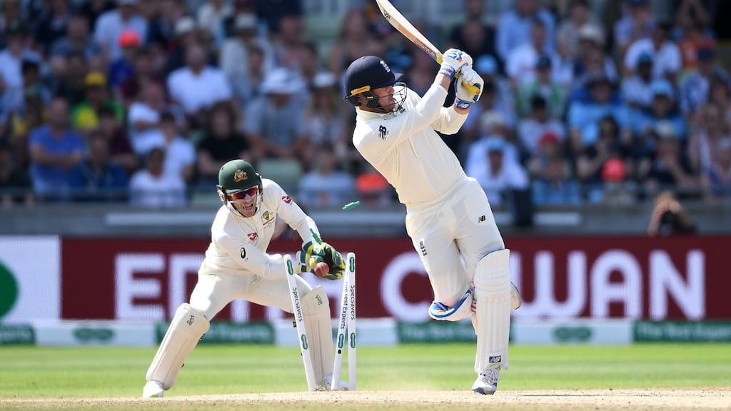 Jason Roy is boweld by Nathan Lyon during England’s capitulation at Edgbaston. Photograph: Gareth Copley/Getty