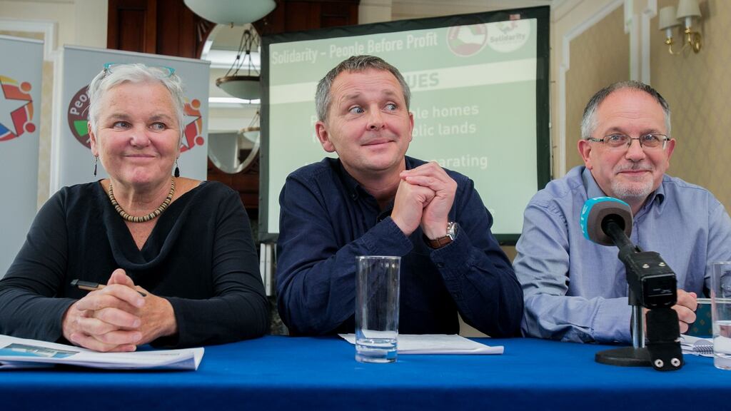 Bríd Smith, Richard Boyd-Barrett and Mick Barry of the Solidarity-People Before Profit alliance at Wynn’s Hotel in Dublin. Photograph: Gareth Chaney/Collins