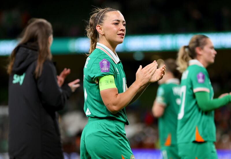 Ireland’s Katie McCabe celebrates. Photograph: Ryan Byrne/Inpho