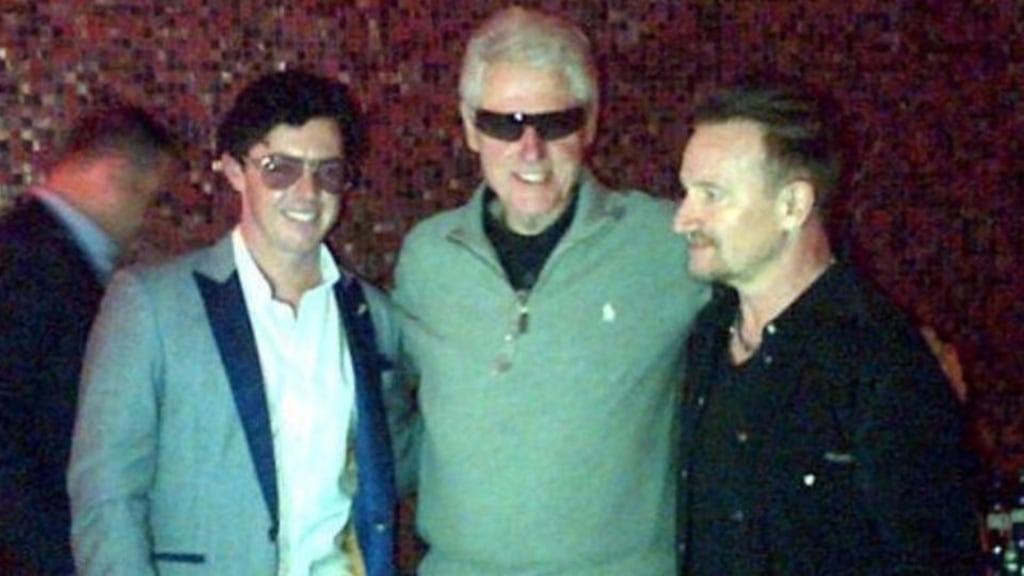 (From left) Irish golfer Rory McIlroy, former US president Bill Clinton and Bono at Fire restaurant in last night. Photograph: Alan Andrews @coffeeculture