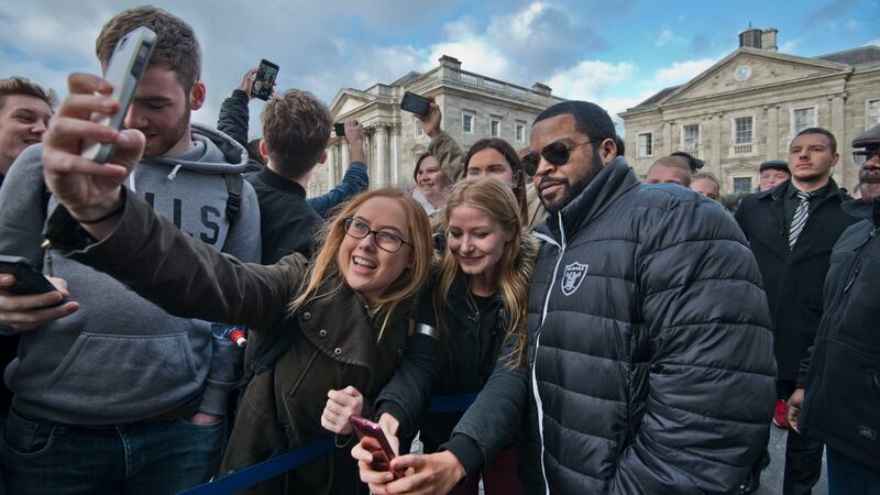 Ice Cube with students at the Trinity College Dublin where he received the ‘Gold Medal of Honorary Patronage for Outstanding Contribution to Actingand Entertainment’ from the Philosophical Society at Trinity College Dublin. Photograph: Brenda Fitzsimons/The Irish Times