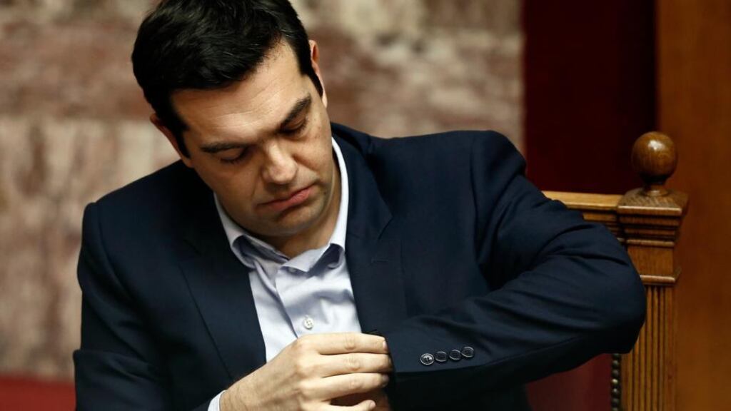 Greek prime minister Alexis Tsipras prepares to address lawmakers on Tuesday during a parliamentary session on the creation of a committee for claiming second World War reparations. Photograph:  Reuters/Alkis Konstantinidis