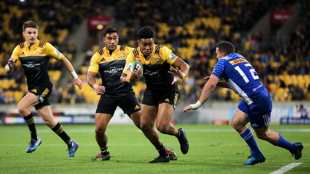 Julian Savea of the Hurricanes makes a break on his way to scoring a try during the Super Rugby match against the Stormers. Photograph:Hagen Hopkins/Getty Images