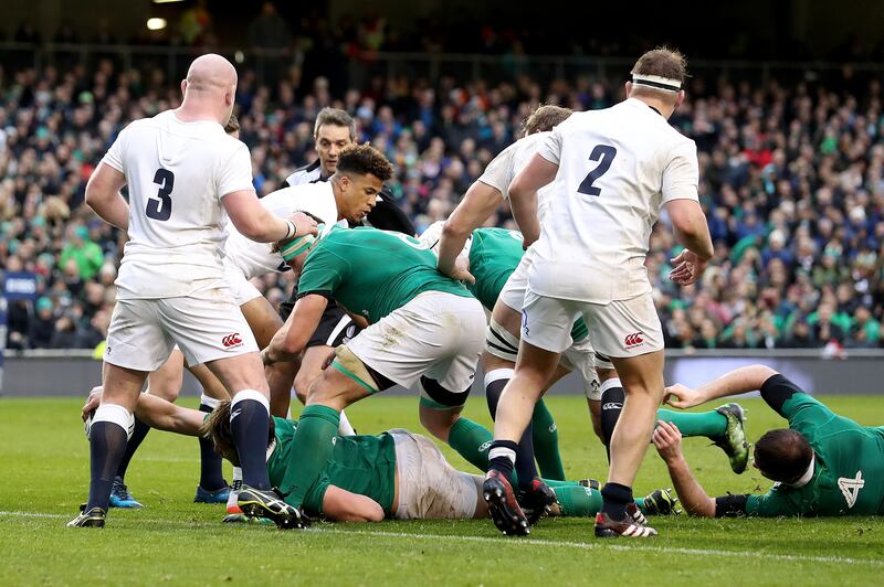 Grounded: Iain Henderson scores a try as Ireland cut down a previously rampant England in 2017. PhotograpH: Dan Sheridan/Inpho