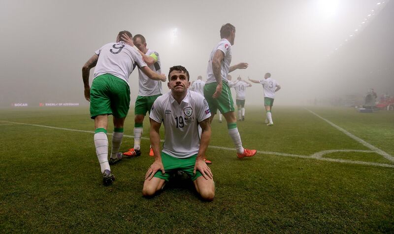 Robbie Brady celebrates scoring Ireland's goal against Italy during the Euro 2016 game in Lille.