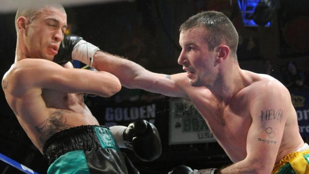 Ireland’s John Joe Nevin in action on his professional debut against Puerto Rico’s Albert Candalaria at the House of Blues in Boston on St Patrick’s Day. Photograph: Emily Harney/Inpho