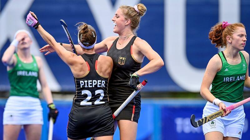 Germany’s Cecile Pieper celebrates after scoring a goal with Pauline Heinz during their win over Ireland. Photo: Frank Uijlenbroek/Inpho