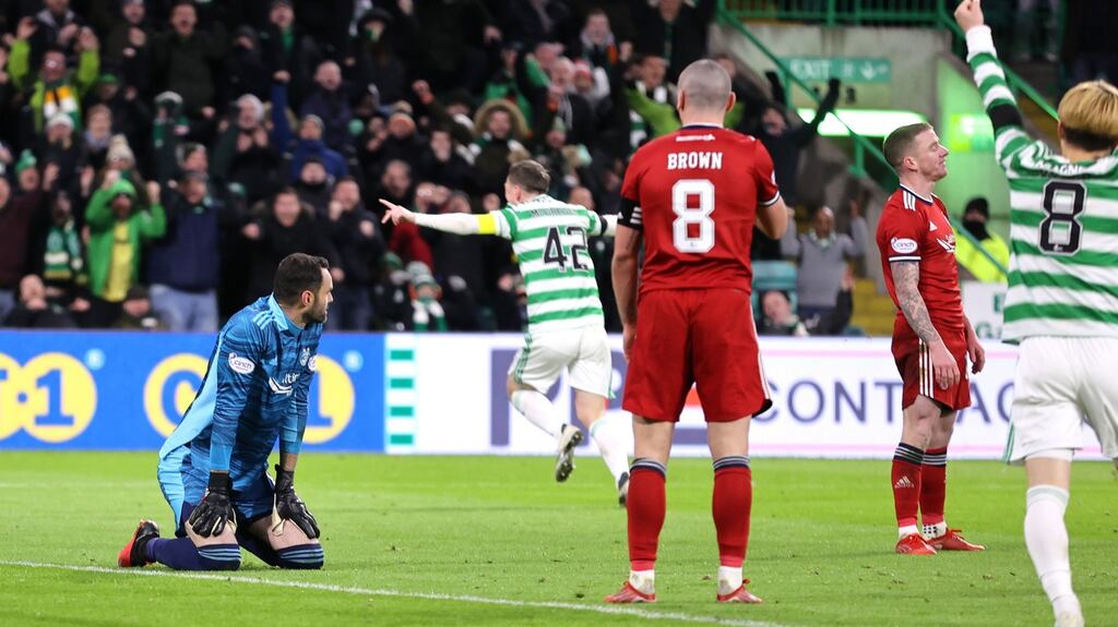Callum McGregor scores Celtic’s winner against Aberdeen. Photograph: Steve Welsh/PA