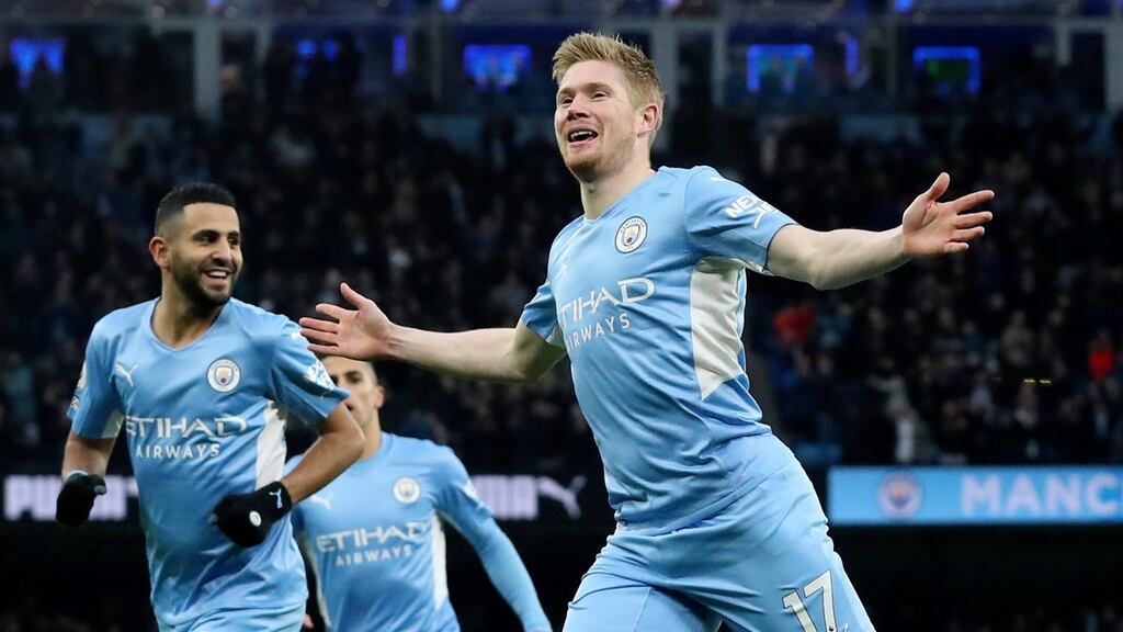 Manchester City’s Kevin De Bruyne celebrates after scoring the opening goal against Leicester City at the Etihad stadium in Manchester on Sunday. File photograph: AP