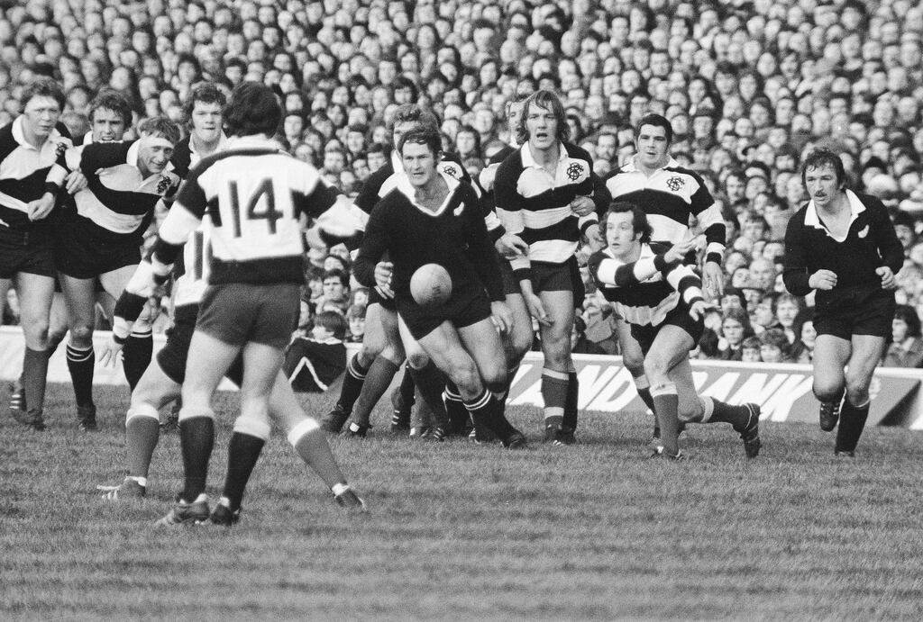 Gareth Edwards playing for the Barbarians against New Zealand in 1974 at Twickenham. His shirt from the game against the All Blacks in 1973 has sold at auction in Wales for €272,000. Photograph: Allsport UK