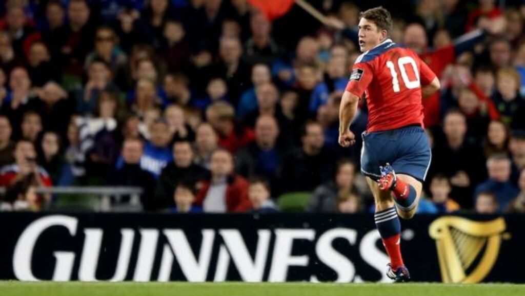 Munster’s Ian Keatley scores an intercept try for Munster’s third score against Leinster at the Aviva Stadium. Photograph: James Crombie / Inpho