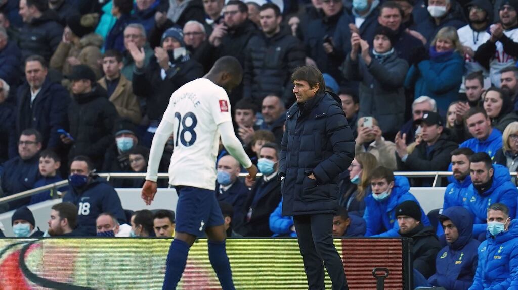 Tottenham Hotspur manager Antonio Conte looks on as Tanguy Ndombele is substituted during the FA Cup third round win over Morecambe in London. Photograph: John Walton/PA