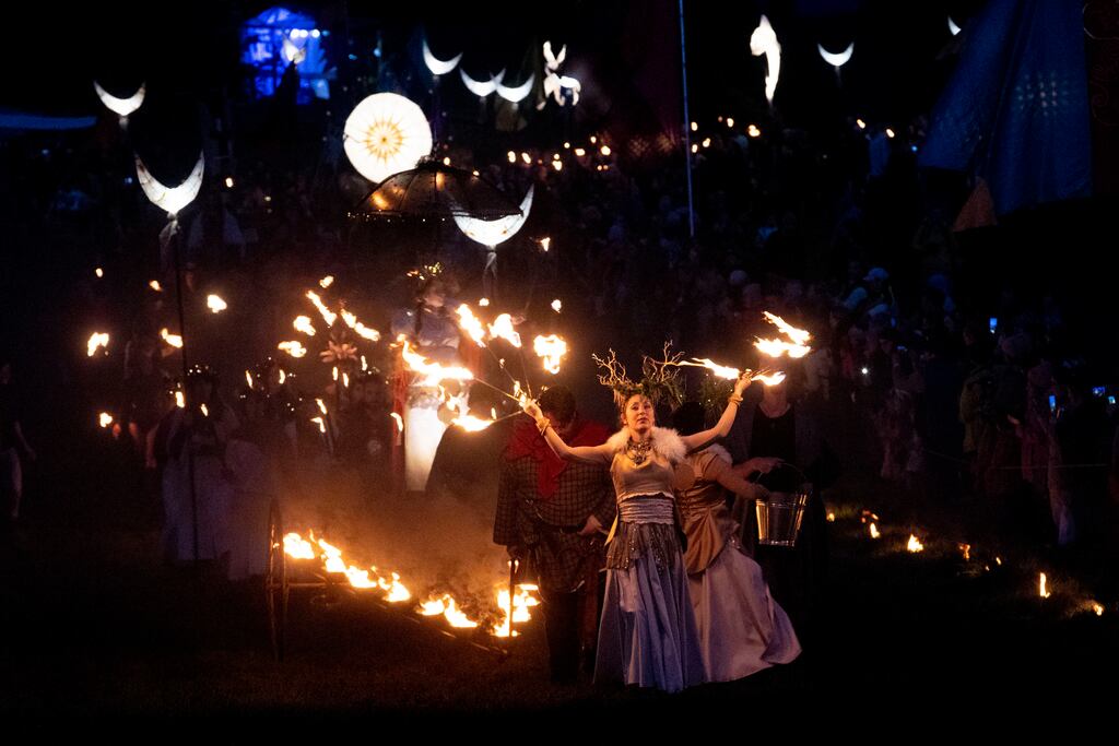 Performers at the Bealtaine Fire Festival at the Hill of Uisneach, Loughnavalley, Co Westmeath, on Saturday. Photograph: Tom Honan