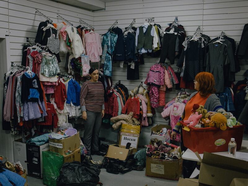 Yelena N Samsonkina (right) and Olga A Obrosimenko at their charity, which distributes aid to refugees from Ukraine and to Russian soldiers, in Ryazan. Photograph: Nanna Heitmann/New York Times