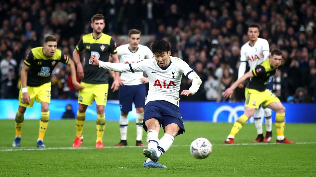 Heung-Min Son scores  Tottenham Hotspur’s third goal from the penalty spot  during the FA Cup fourth-round replay against Southapmton  at Tottenham Hotspur Stadium. Photograph: Julian Finney/Getty Images