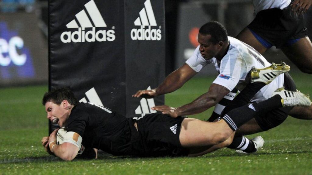 Colin Slade, who comes in to the New Zealand squad for the injured Dan Carter, scores a try. Photograph: ©INPHO/Photosport/Andrew Cornaga