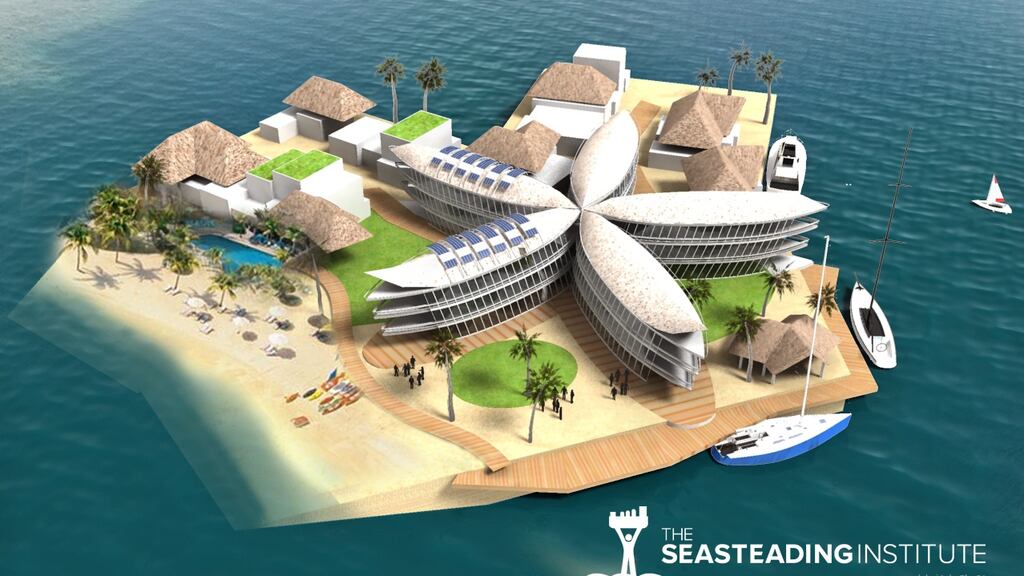A rendering of the proposed artificial floating island project in a tropical lagoon in French Polynesia, designed as a response to climate change. Photograph: Seasteading Institute via The New York Times