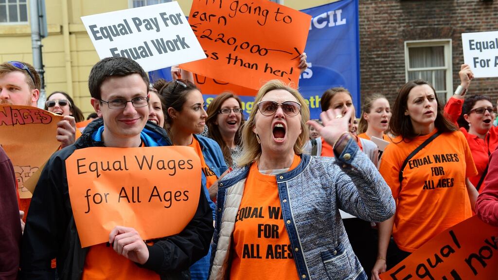 Teachers and INTO members at  a rally for pay equality for lower paid teachers outside the Dáil in 2016. Photograph: Dara Mac Dónaill