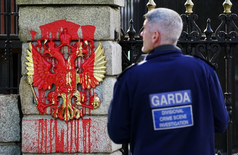 A garda at the entrance to the Russian embassy in Dublin. Photograph: Brian Lawless/PA